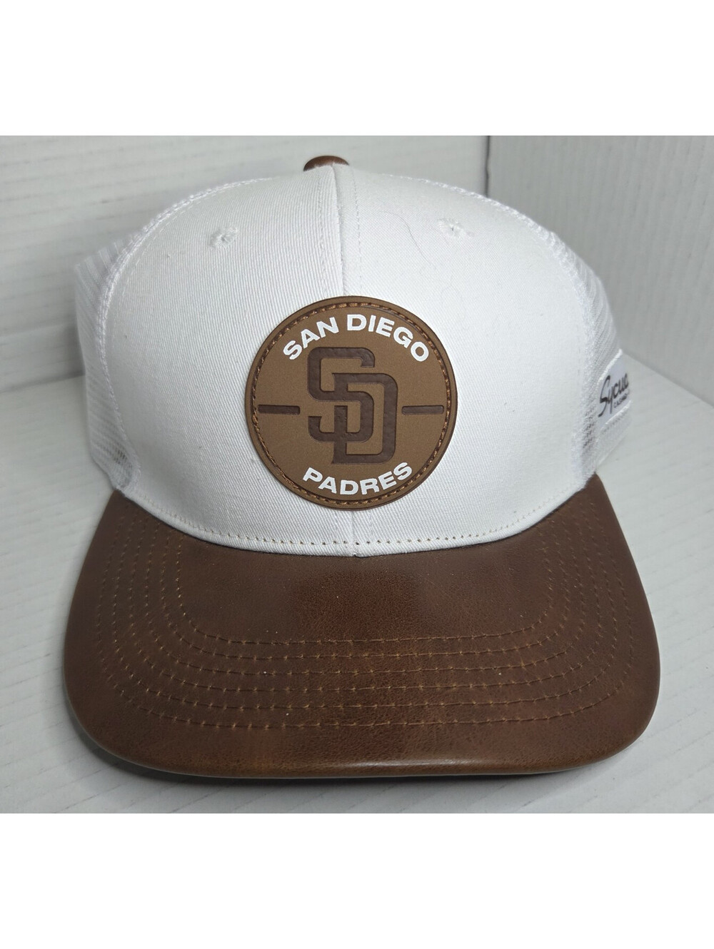San Diego Padres 2024 Opening Series Snap Back Mesh Cap Hat White Faux Leather